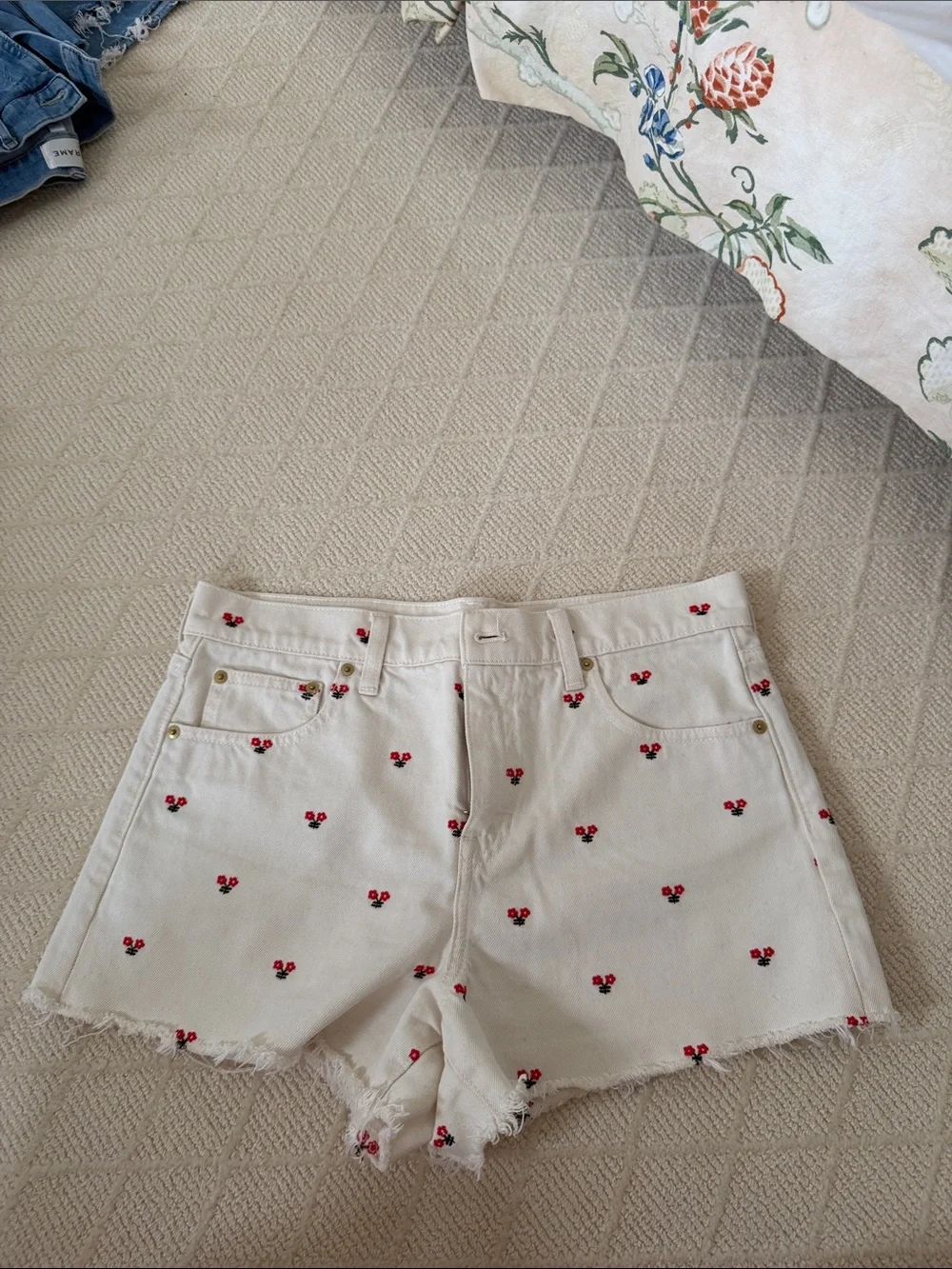 J. Crew White Denim Shorts with Red Cherry Embroidery